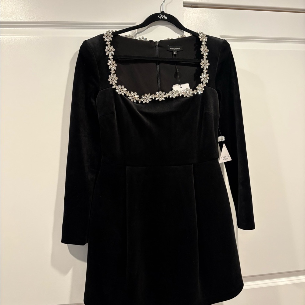 NADINE MERABI Black Long Sleeve Dress with White Floral Accents PLEASE READ
